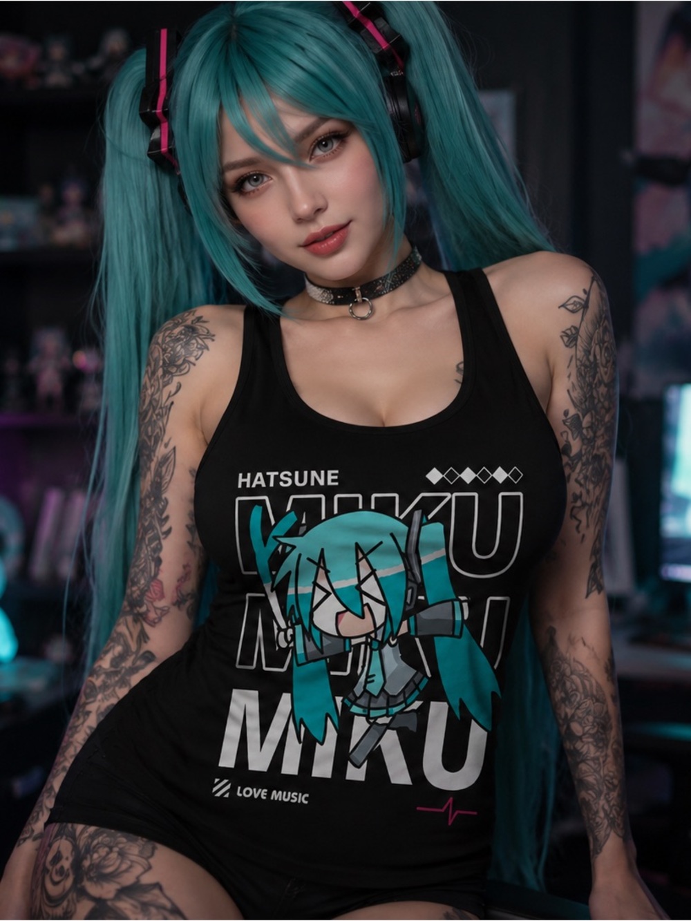 Hatsune Miku Cotton Vocaloid, Otaku Black Tank Top, Sz S up to 2XL